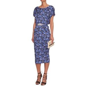 SALONI Apsara Draped Jersey Purple Pink Leopard Print Embellished Midi Dress